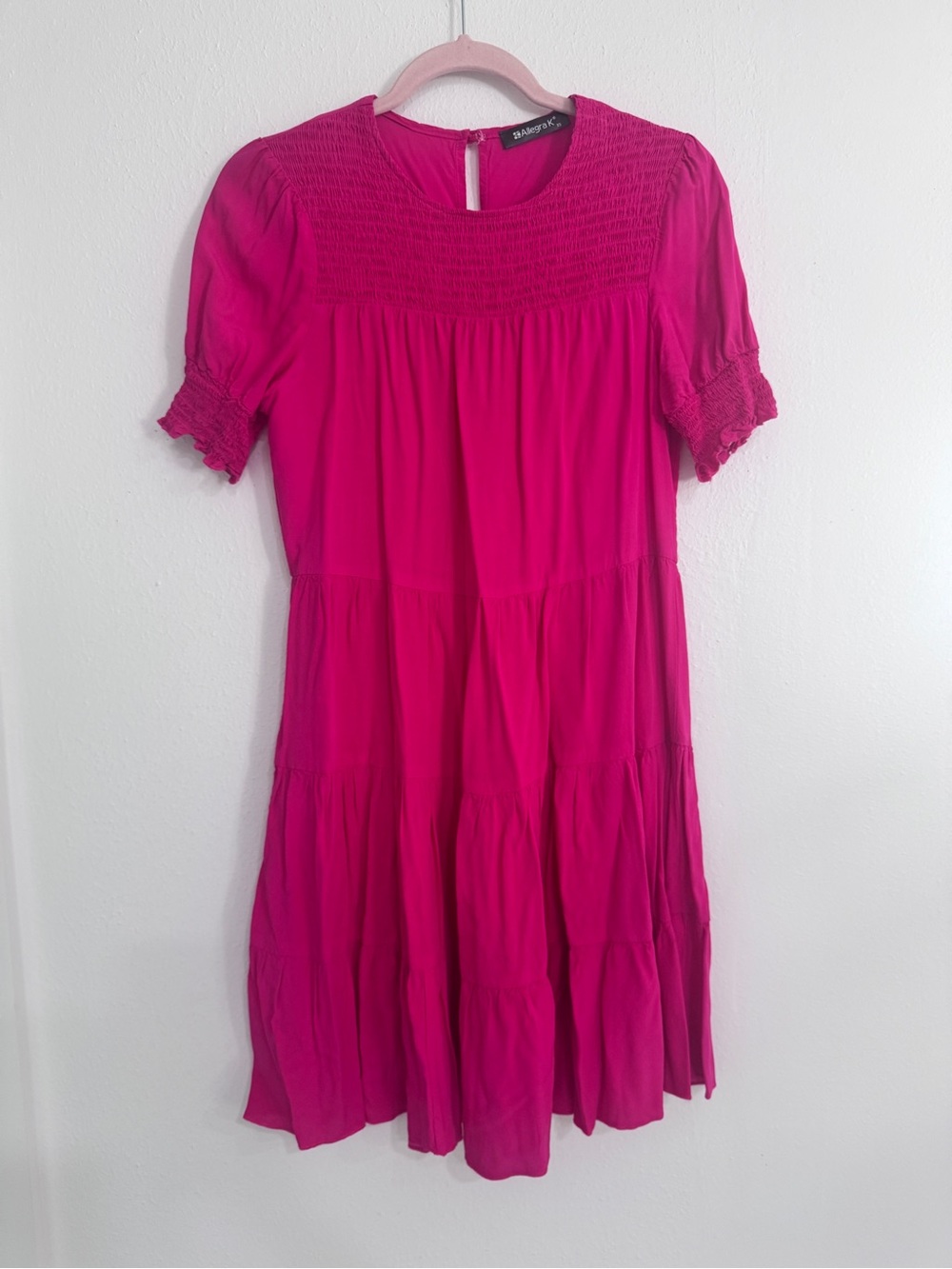 Allegra K Magenta Tiered Mini Dress Smocked Bodice & Ruffle Sleeves - XS. 0051